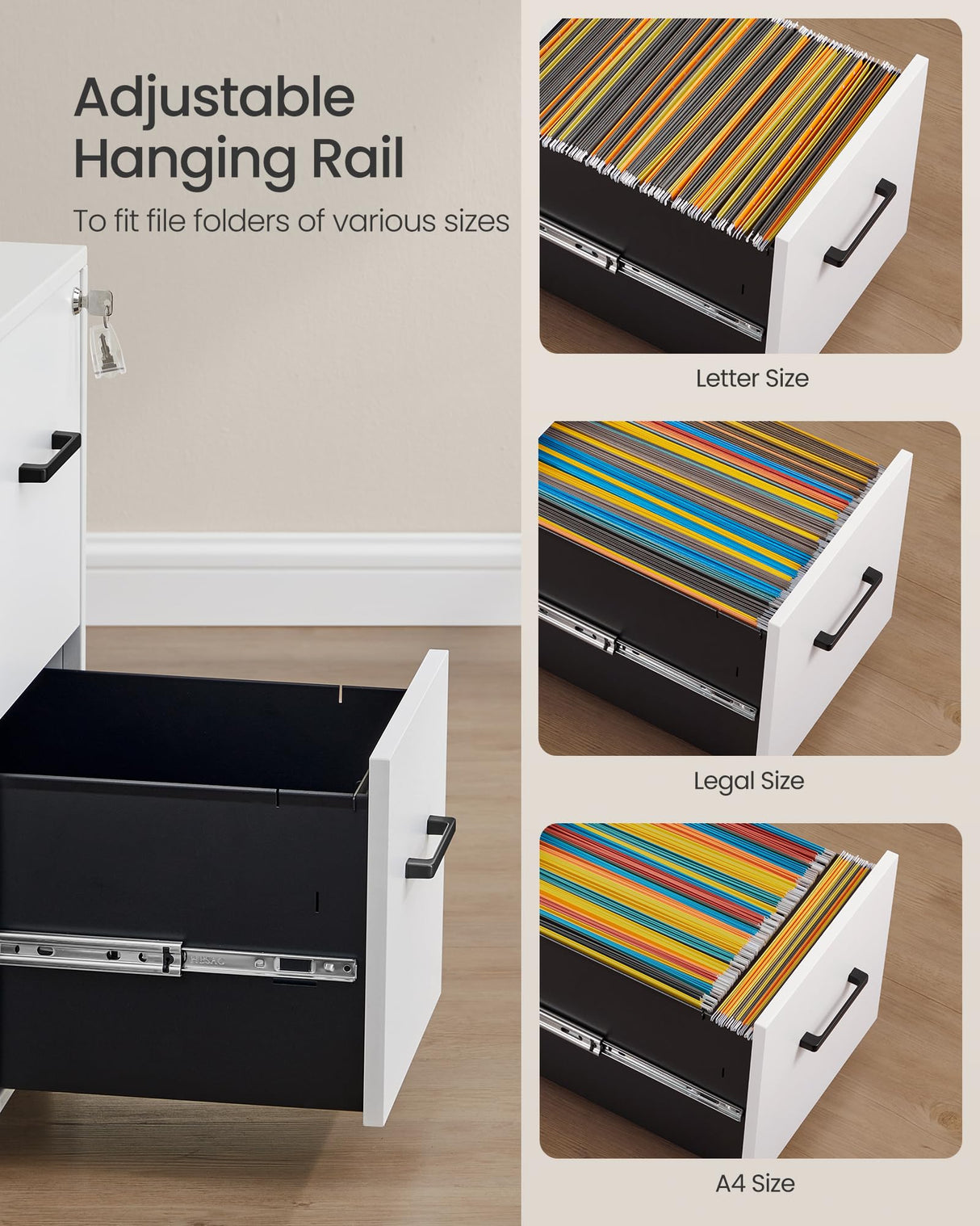 SONGMICS File Cabinet, Pre-Assembled Except Wheels and Handles, Office Filing Cabinet with Lock, for A4, Legal, Letter Sized Documents, 17.7 x 14.4 x 25.4 Inches, Matte White UOFC112W01 SONGMICS