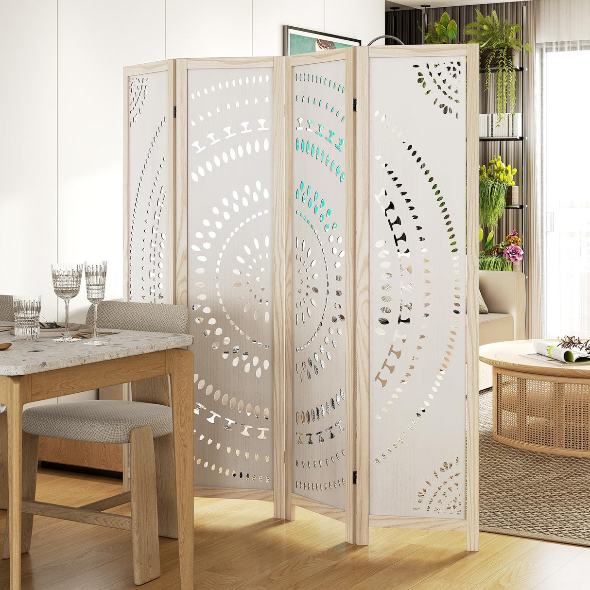 Giantex Room Divider 4 Panels - 66'' Boho Room Dividers with Carved Pattern & Solid Wood Frame, Folding Privacy Screen for Bedroom Office, Partition Wall Divider for Room Separation, Washed White Giantex