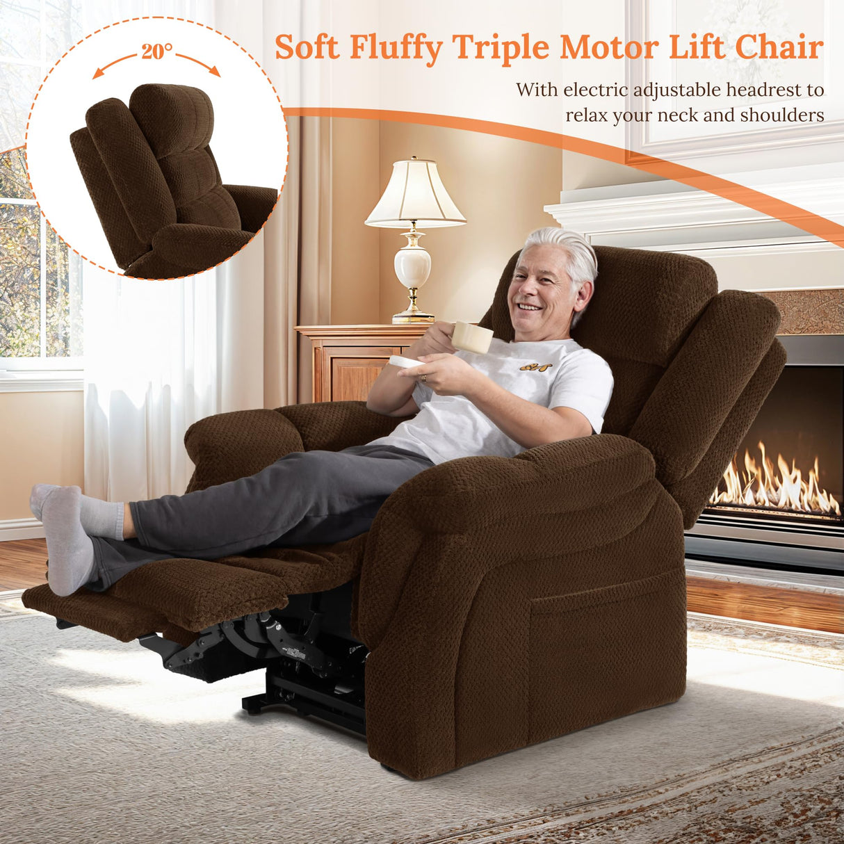 Neioml Three Motor Power Lift Chairs Recliners for Big and Tall Elderly- 180°Large Lay Flat Lift Chair- Power Headrest-Infinite Position-Heat & Vibration Massage (Chocolate) Neioml
