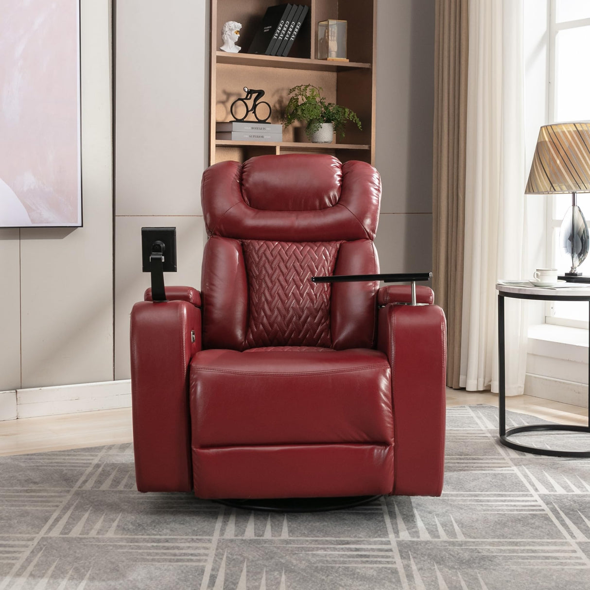 NCKMYB Mid-Century Modern Rocking Power Recliner Chair Swivel PU Leather Chair for Living Room – Cup Holder, Phone Holder, USB Port, Hidden Storage – Red NCKMYB