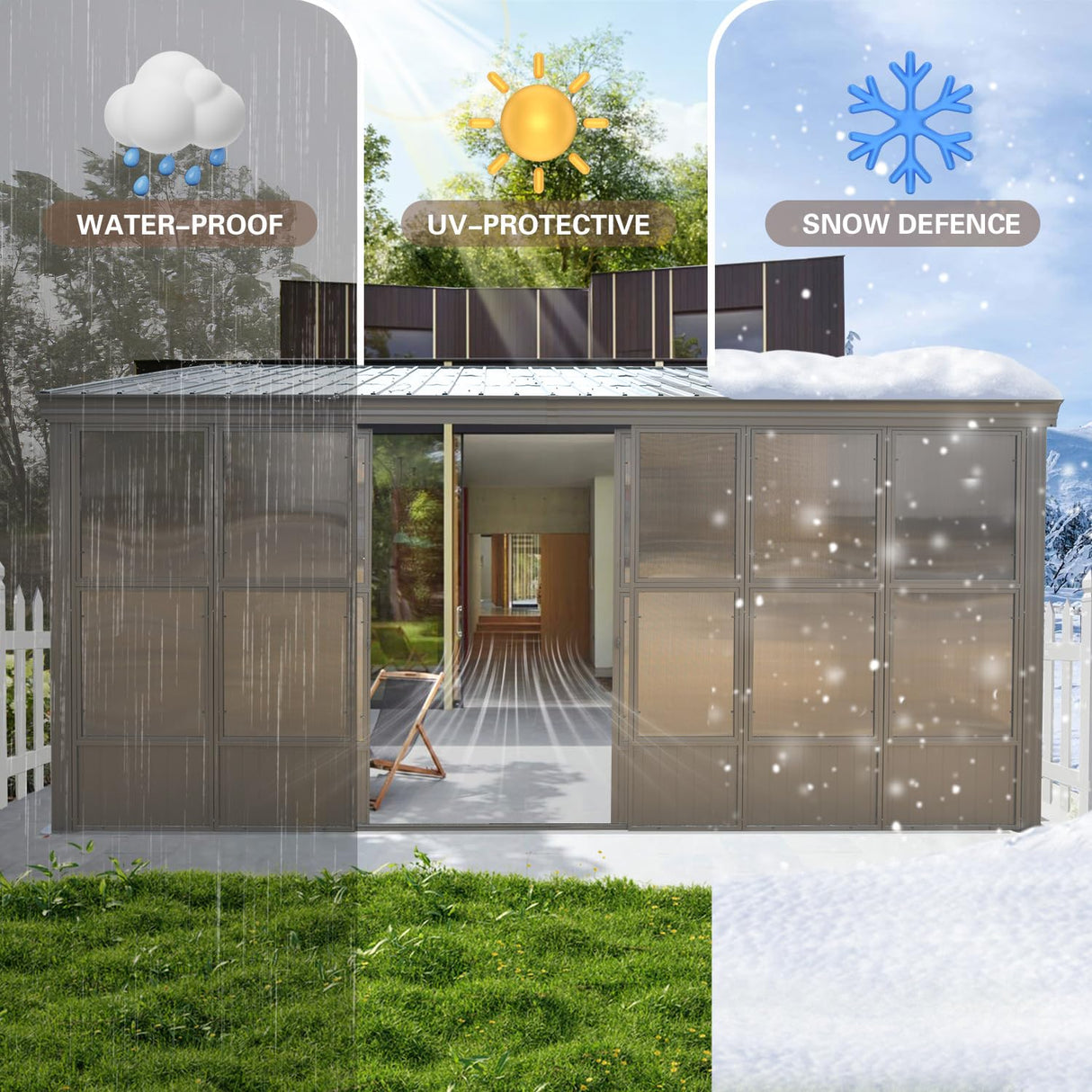 Domi 12x16FT Wall-Mounted Sunroom Gazebo, Aluminum Solarium with Galvanized Steel Sloping Roof, Detachable PC Screens, Front & 2 Side Sliding Doors, Outdoor Sun Room Lean to Gazebo for Patio Deck Lawn domi outdoor living