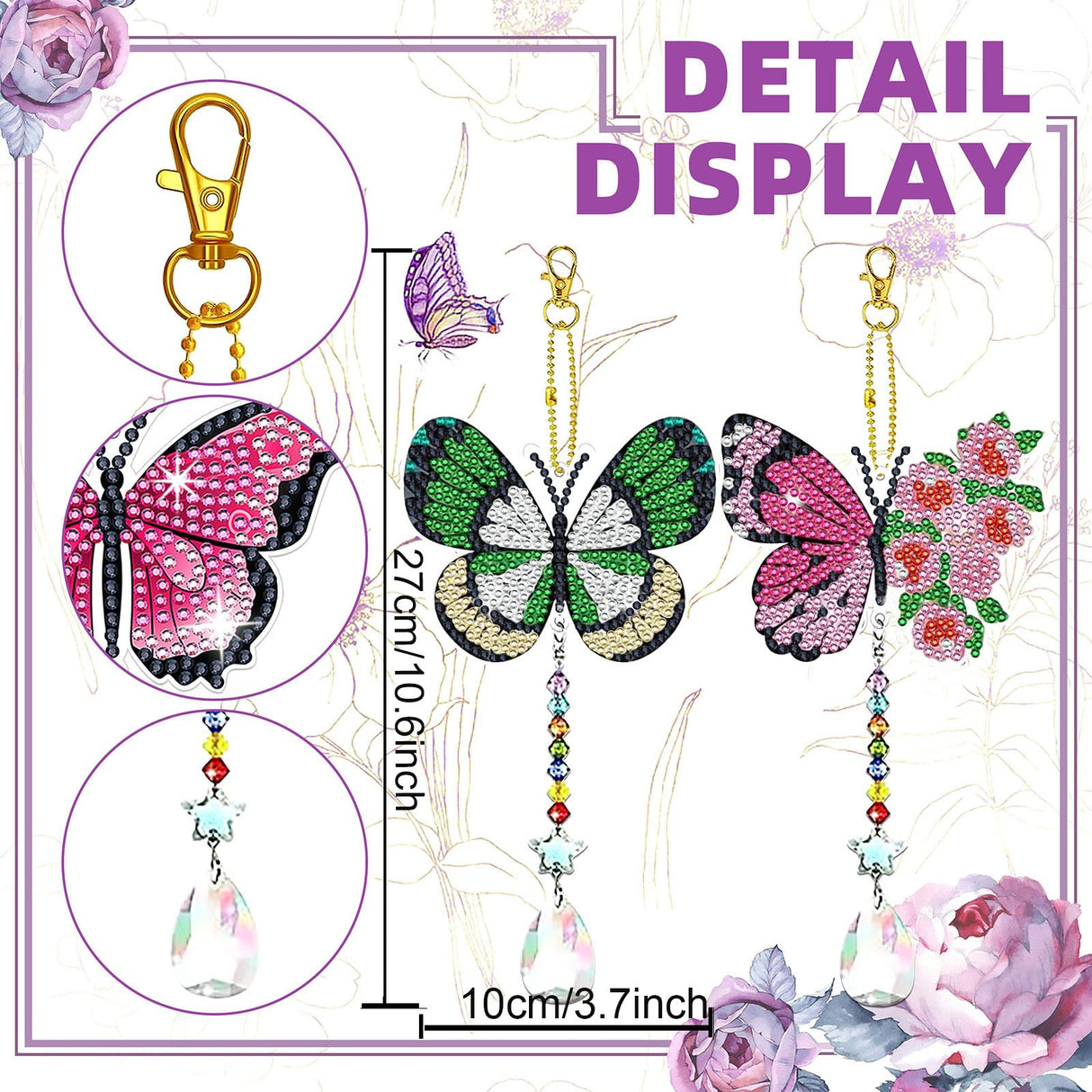 JeCuiK 6 Pcs Butterfly Diamonds Paintings Kits Suncatcher Double Sided Rhinestone Painting Wind Chimes 5D DIY Diamond Painting Kits Paint by Number Crystal Hanging Ornaments Mom Gifts JeCuiK