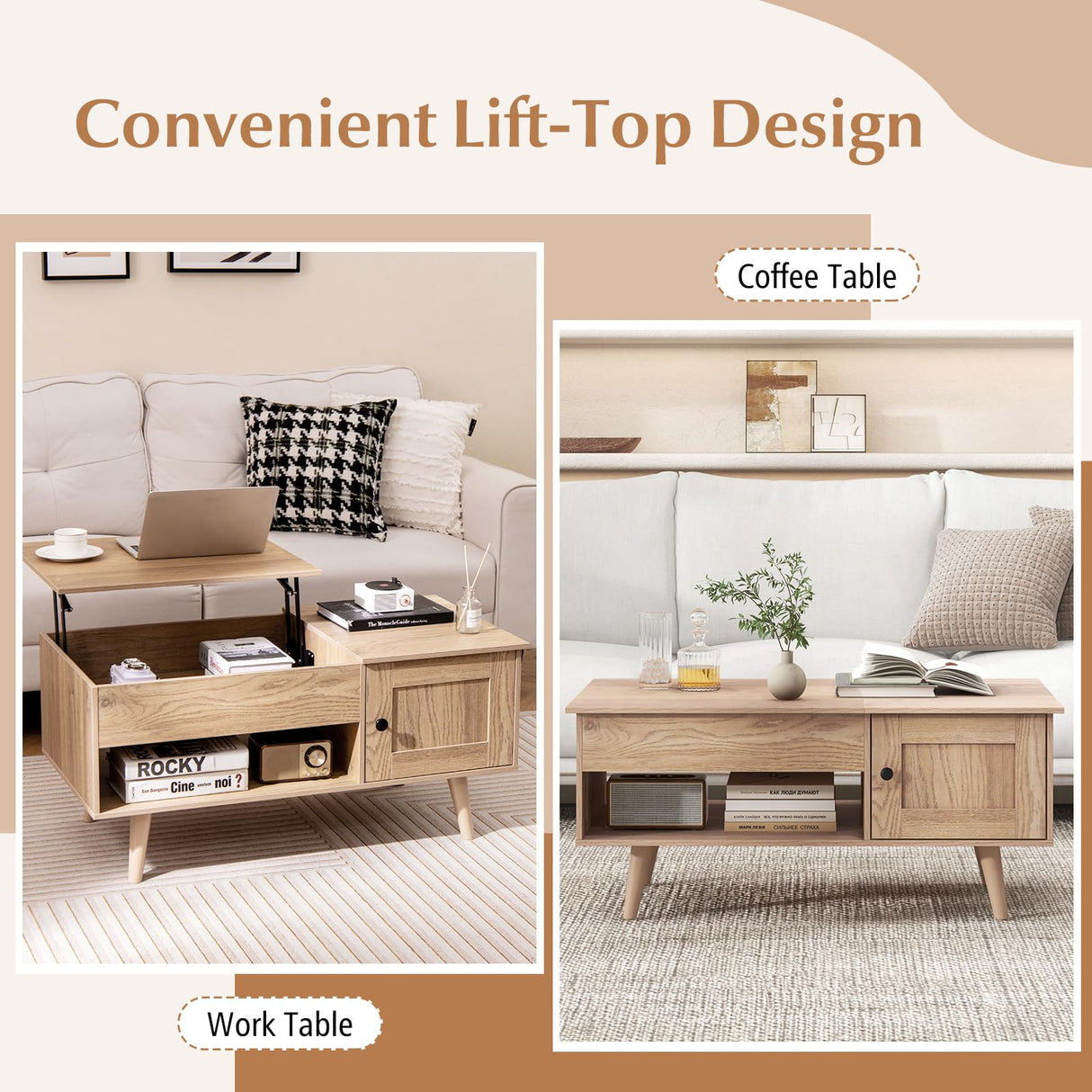 Tangkula Lift Top Coffee Table with Storage, Living Room Table with Hidden Compartment, Cabinet & Open Shelf, Flip Top Center Table, Pull up Coffee Table for Home, Office (Natural) Tangkula