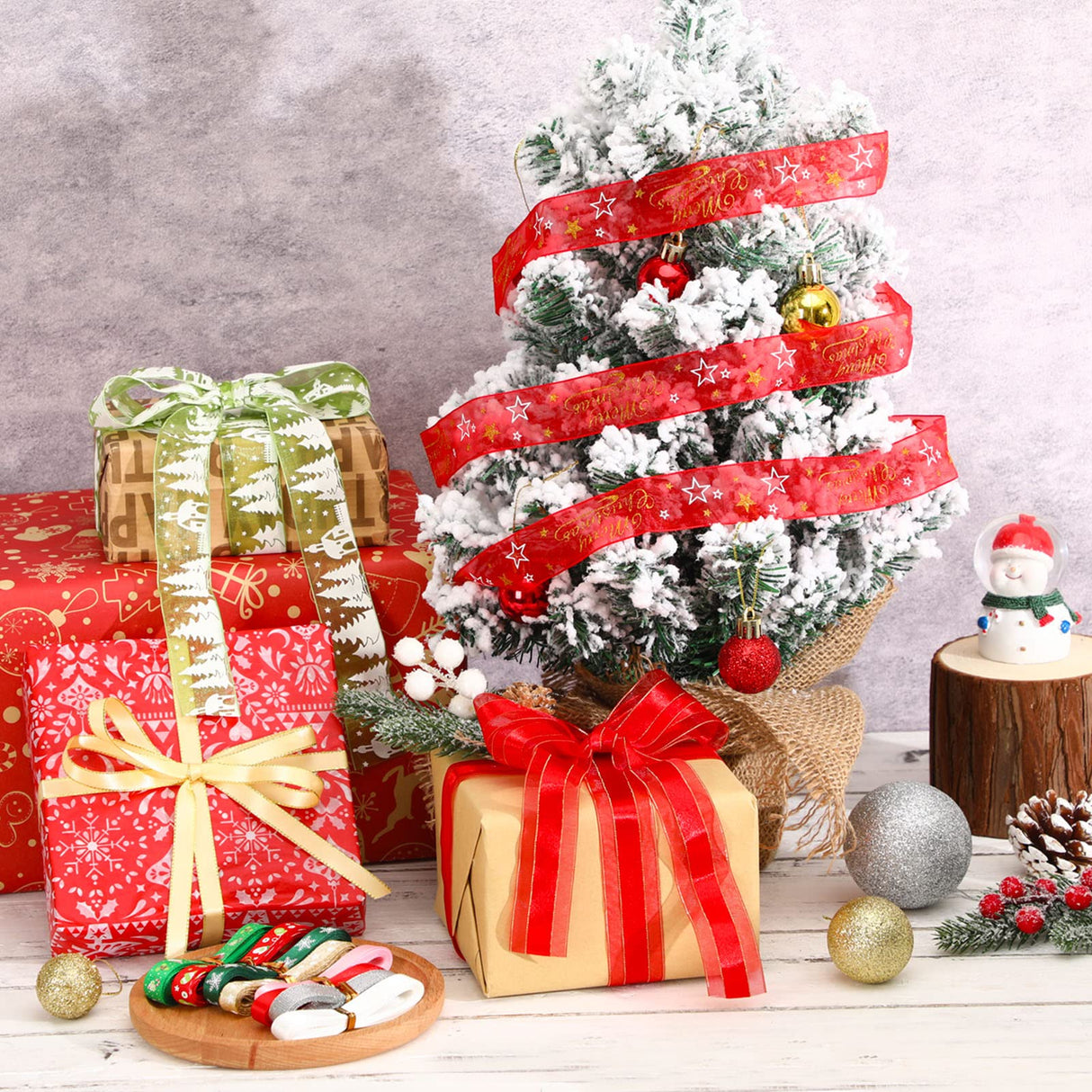 SANNIX 20 Pieces 3 Size Christmas Ribbons for Craft Holiday Printed Grosgrain Organza Satin Ribbons Metallic Glitter Fabric Ribbons Bulk Gift Wrapping Bow(20x2yd) SANNIX