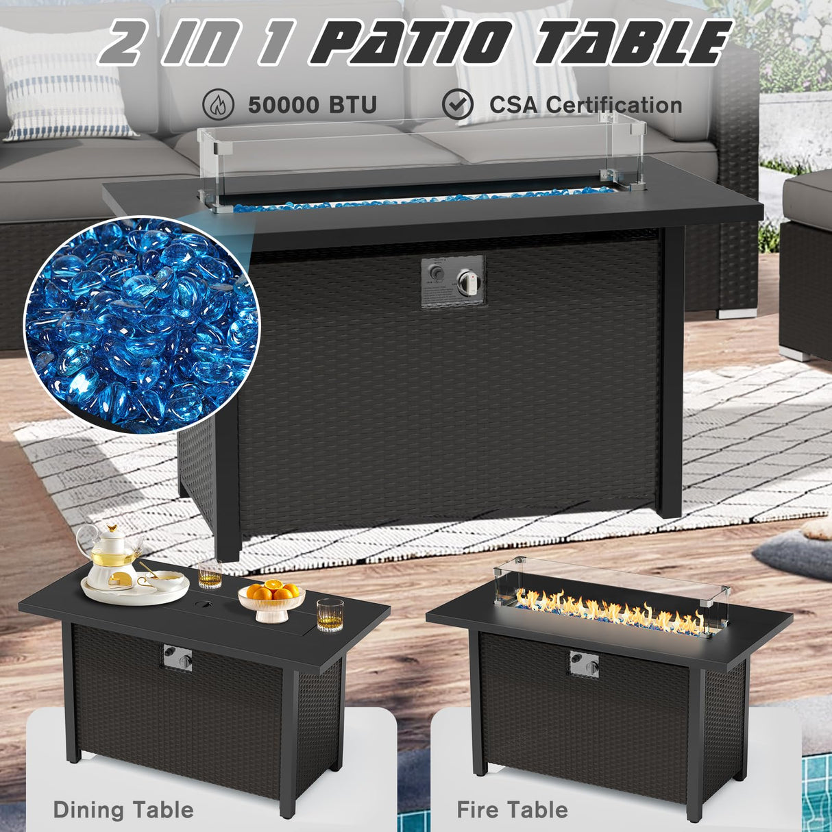 SUNCROWN 7-Piece Outdoor Patio Furniture Sofa Set All-Weather Wicker Sectional Conversation Set with Modern Glass Coffee Table, Cushions and Fire Pit Table (Grey) SUNCROWN