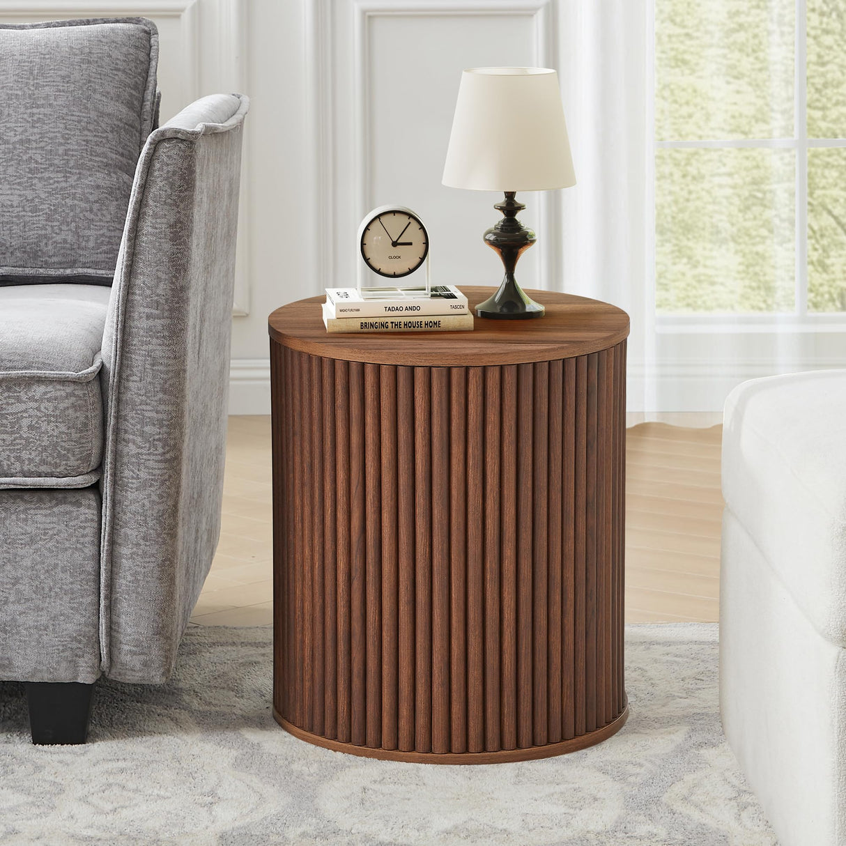 AVZEAR Small Round Side Table Fluted Night Stand Set of 2, Mid Century Modern End Table with Storage, Circle Bedside Tables Wood Nightstands for Small Spaces, Living Room, Bedroom (Walnut) AVZEAR