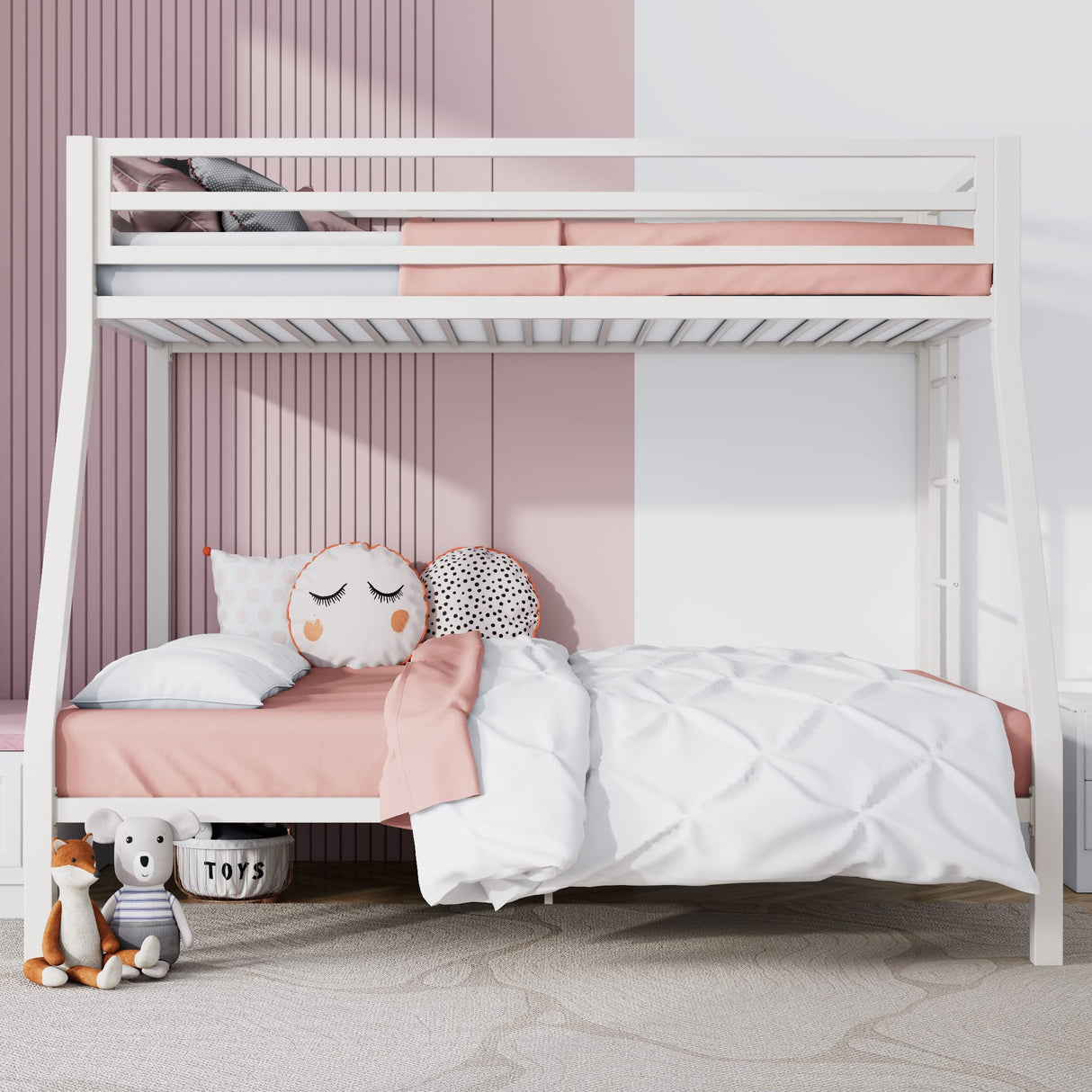 SHA CERLIN Twin Over Full Metal Bunk Bed with Removable Stairs and Under-Bed Storage in Matte White SHA CERLIN