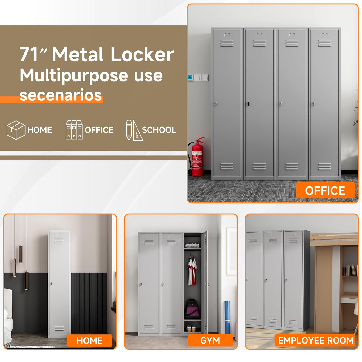 Topass Metal Lockers for Employees with Keys, 71" Tall Steel Storage Cabinet with Lockable Door, Metal Storage Locker for School Office Gym (1-Door, Grey) Topass