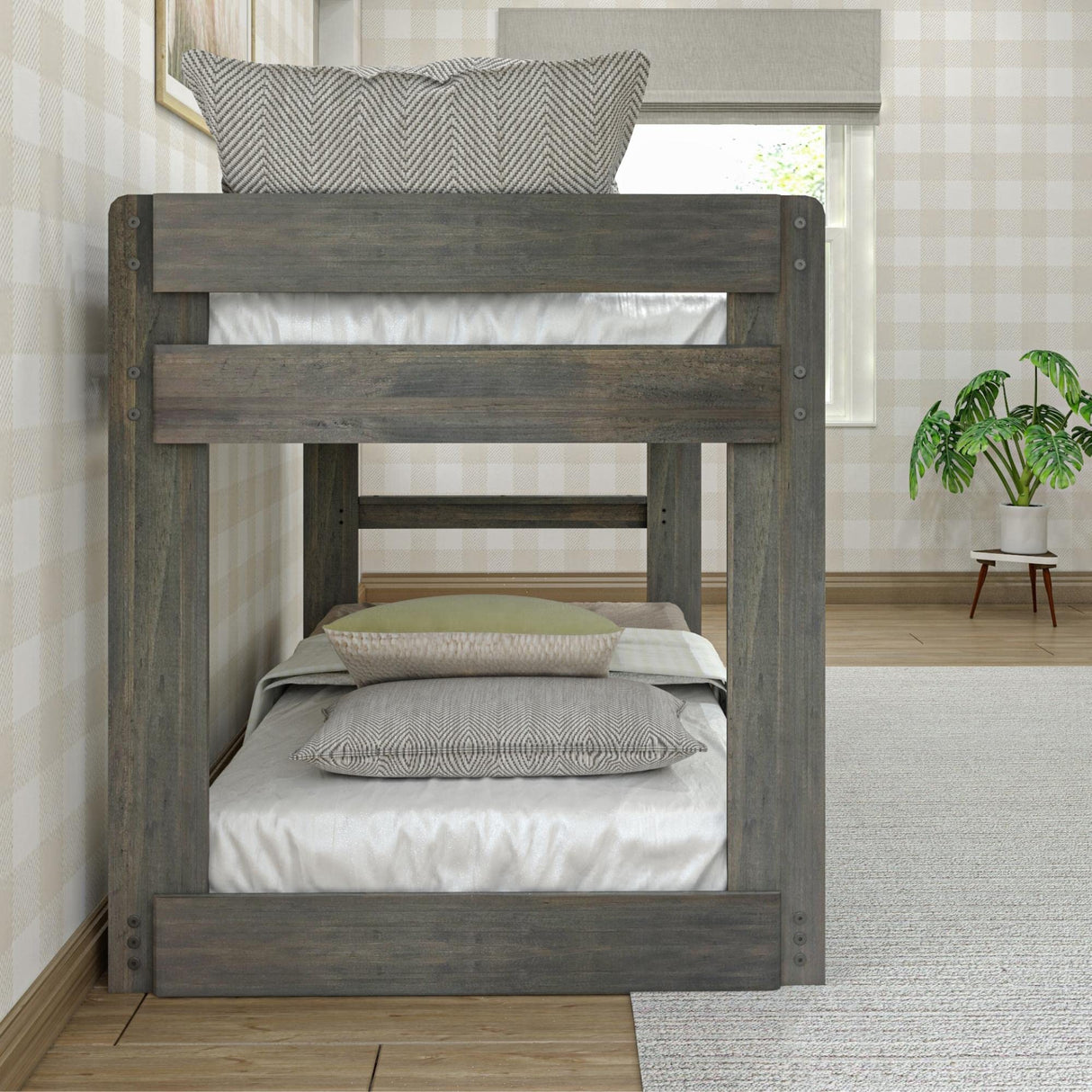 Max & Lily Modern Farmhouse Low Bunk Bed, Twin-Over-Twin Bed Frame For Kids, Driftwood Max & Lily