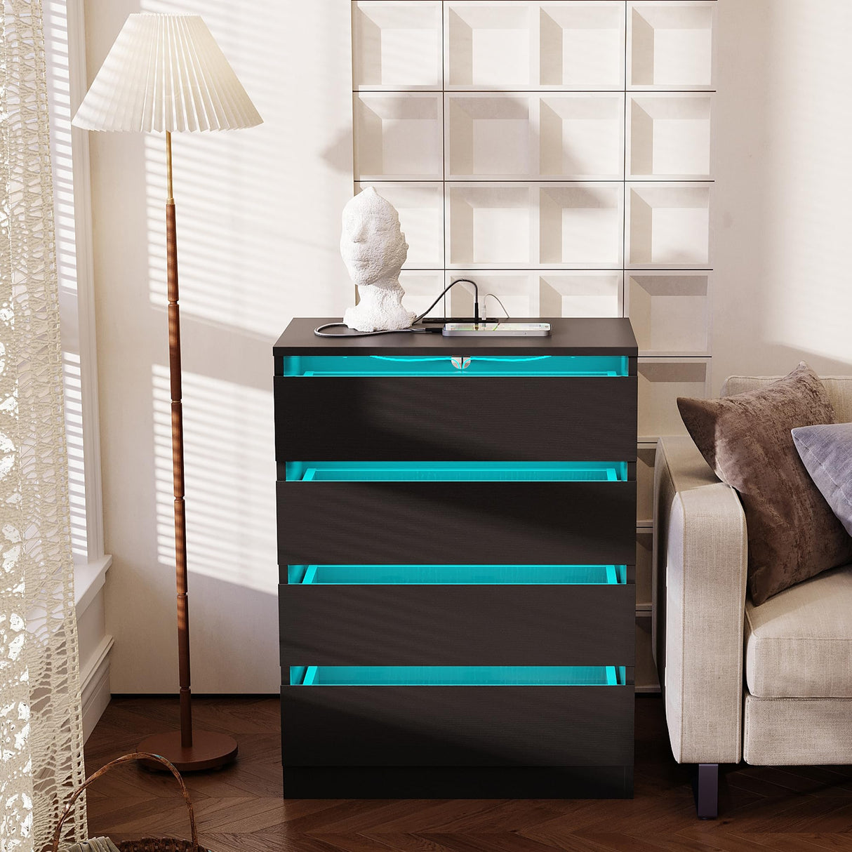 OTUTUMUS Black Dresser with Power Outlets & LED Lights, 5 Drawer Tall Black Dresser with Tempered Glass Panel, Chest of Drawers for Bedroom with Embedded Handle, 27.2" W x15.8 D x 43.5" H OTUTUMUS