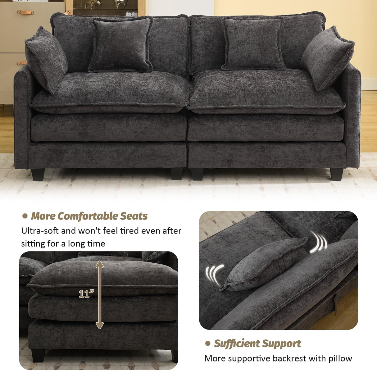 76'' Cloud Deep Seat Loveseat, Upholstered Chenille Modular 2-Seats Sectional Sofa Couch, Modern Comfy Settee Loveseat for Living Room Set, Small Apartment, Dark Grey WUTUTUEE