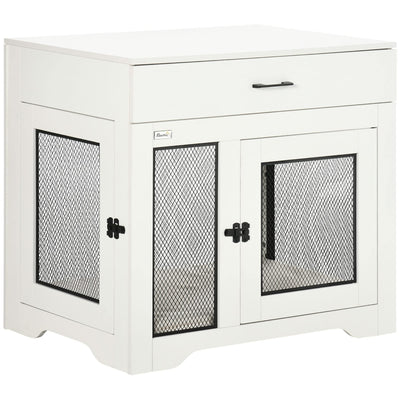 PawHut Dog Crate Furniture with Soft Water-Resistant Cushion, Dog Kennel End Table with Drawer, Puppy Crate for Small Dogs Indoor with 2 Doors, White