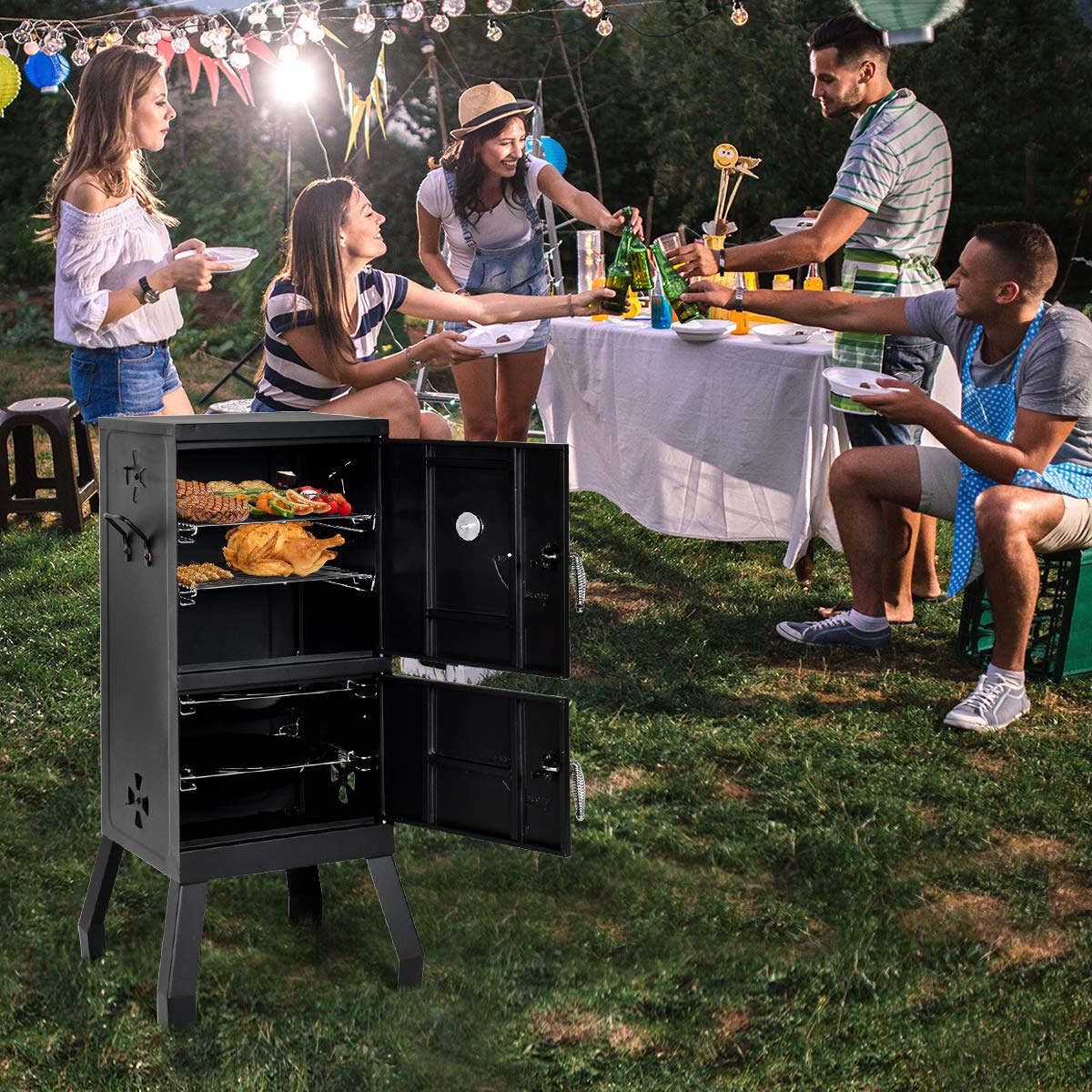 Giantex Outdoor Smoker with Double Doors, 2 Detachable Grill Netting Smoking Racks, Charcoal Pan & Water Pan, 4 Air Vents, Thermometer, Vertical Charcoal Smoker for Barbecue Camping Backyard Grill Giantex