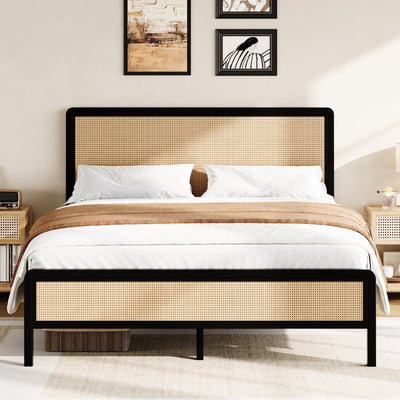 CHABUILDREARK Rattan Bed Frame Full, Boho Bed Frame with Headboard, Metal Platform Bed Frame, Rattan Bed Frames with Steel Slats Support, No Box Spring Needed, Noise-Free, Easy Assembly, Black