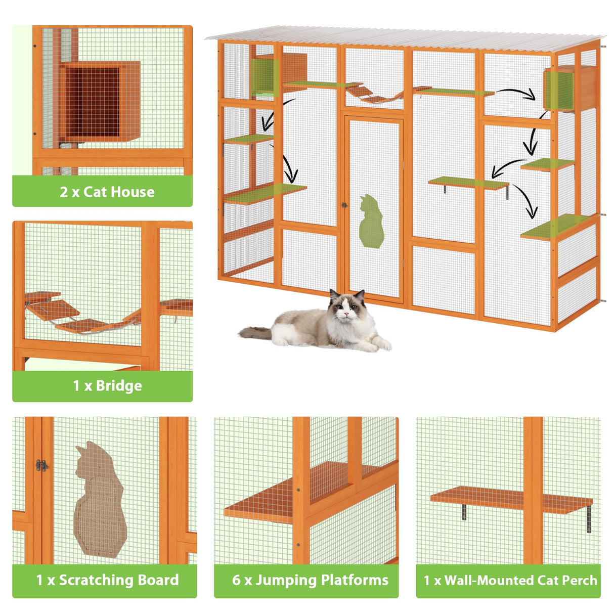 COZIWOW Catio Outdoor Cat Enclosure Window Catios for Indoor Cats Outside Patio Wooden Cattery with Large Door, Walks, Waterproof Roof, Resting Box, 104" L Extra Wide, Orange COZIWOW