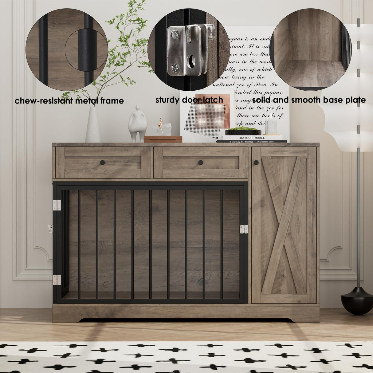 Dog Crate Furniture Kennel with Double Doors Wooden Pet House with 2 Drawers and Storage Cabinet, Indoor Dog Cage Farmhouse Modern Side End Table for Small Medium Dogs, Rustic TTVIEW