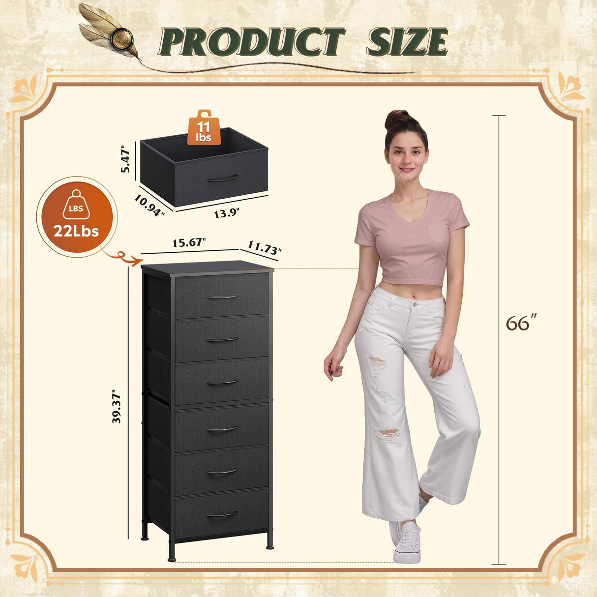 WLIVE Black Tall Dresser for Bedroom, 6 Drawer Dressers & Chests of Drawers, Fabric Dresser for Closet, Living Room, Night Stand with Metal Frame, Storage Tower with Fabric Bins, Wood Top WLIVE