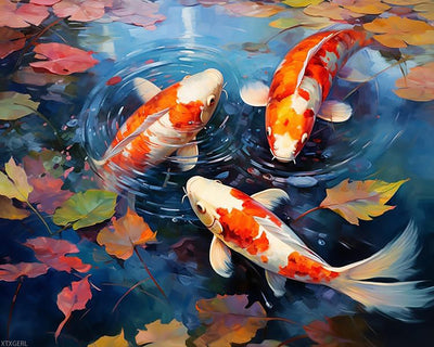 XTXGERL Canvas DIY Oil Painting for Adults Beginner, Pond Deciduous Koi Fish, Paint by Number Kits with Brushes and Acrylic Pigment, 40x50cm, Without Frame