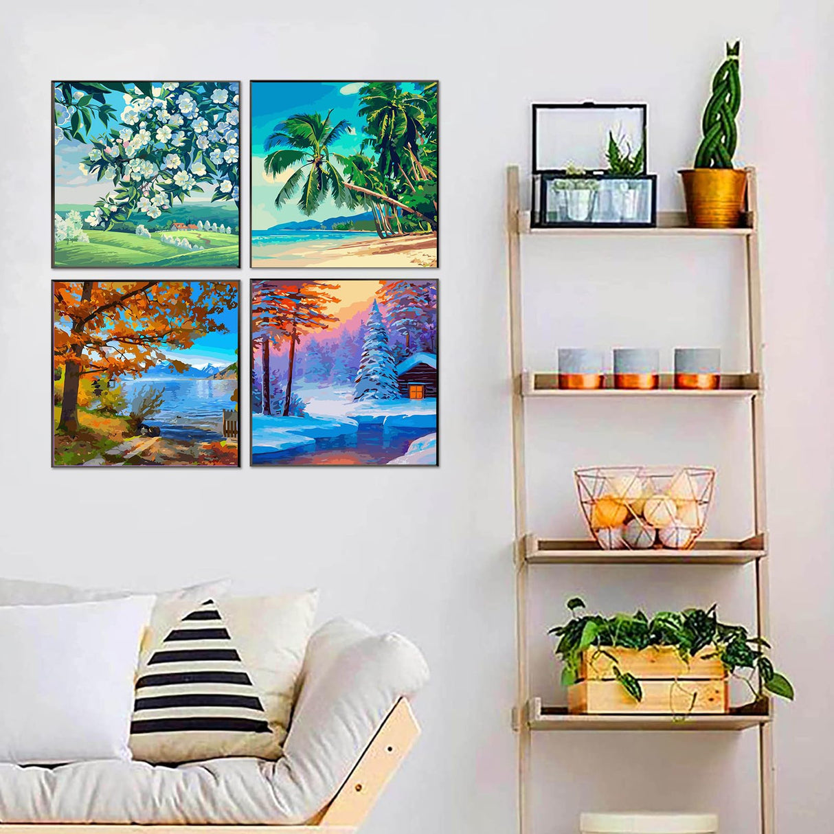 Amphol Adult Paint by Number Kits on Canvas Framed, 4 Pack Season Easy DIY Paint by Number for Adults Canvas with Frame, Simple Acrylic Framed Painting by Number for Beginners Kids Amphol