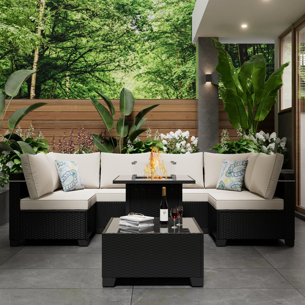 Ophelian 8 Pieces Outdoor Sectional Furniture, Rattan Wicker Patio Sofa Couch with 28in Gas Fire Pit Table,Conversation Sets for Backyard,Garden, Deck, (Coffee/Beige) Ophelian