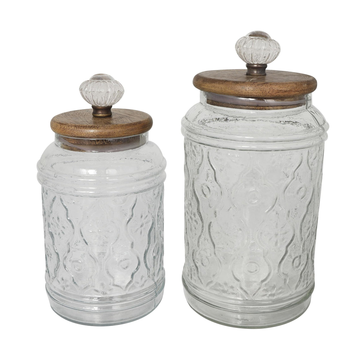 Deco 79 Glass Floral Living Room Decorative Jars Decorative Container with Brown Wooden Lids and Antique Style Knobs, Set of 2 Jar with Lid 9", 8"H, Clear Deco 79