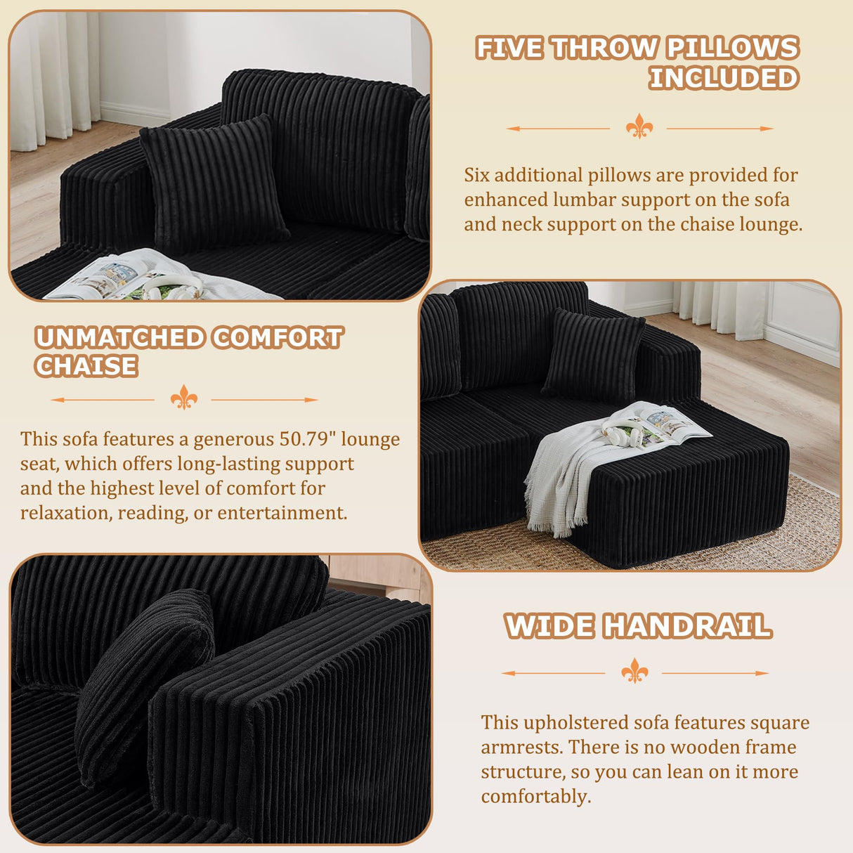 132" Boneless Sectional Cloud Couch Sofa for Living Room, U-Shaped Couch with Double Chaise Lounge, Comfy Memory Foam Modular Sofas Couches for Living Room (Black, 132.48" U-Shaped) OUEEEDD