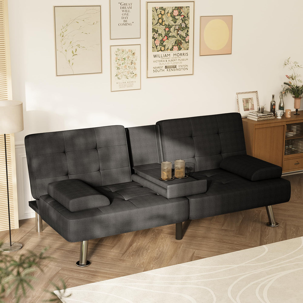 Homall Futon Sofa Bed, Futon Couch with Removable Armrests, Adjustable Recliner Sleeper Sofa Bed with Dual Cup Holders for Living Room, Apartment, Office (Fabric, Black) Homall