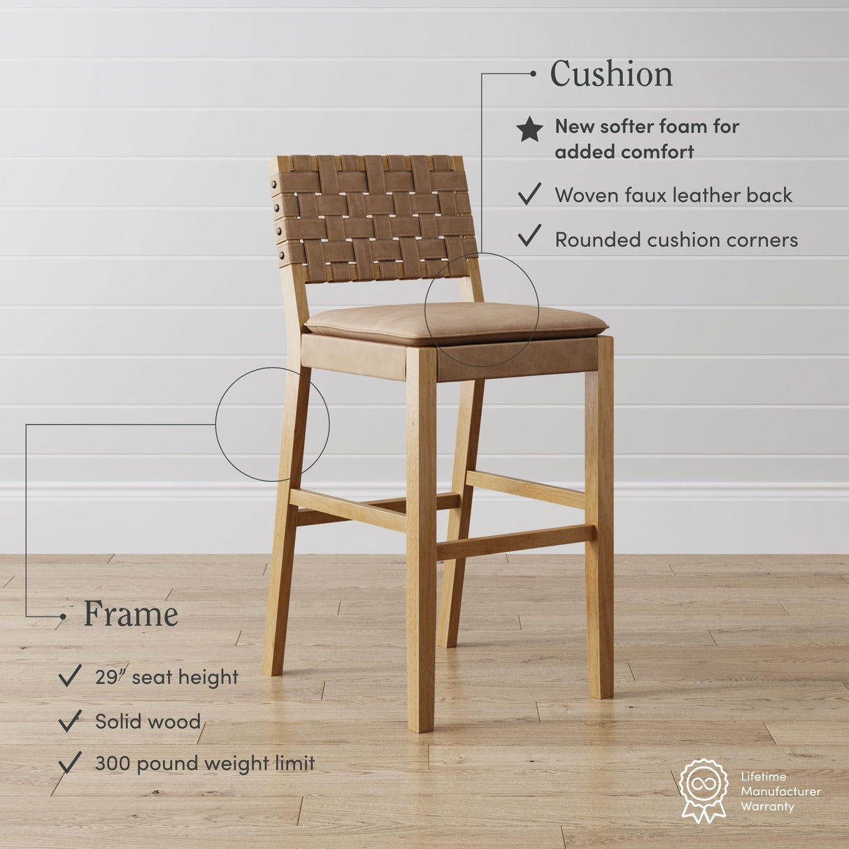 Nathan James Cohen Mid-Century Modern 29 in. Wood Bar Stool, Upholstered Faux Leather Bar Height Stool with Solid Wood Frame, Natural Brown Nathan James