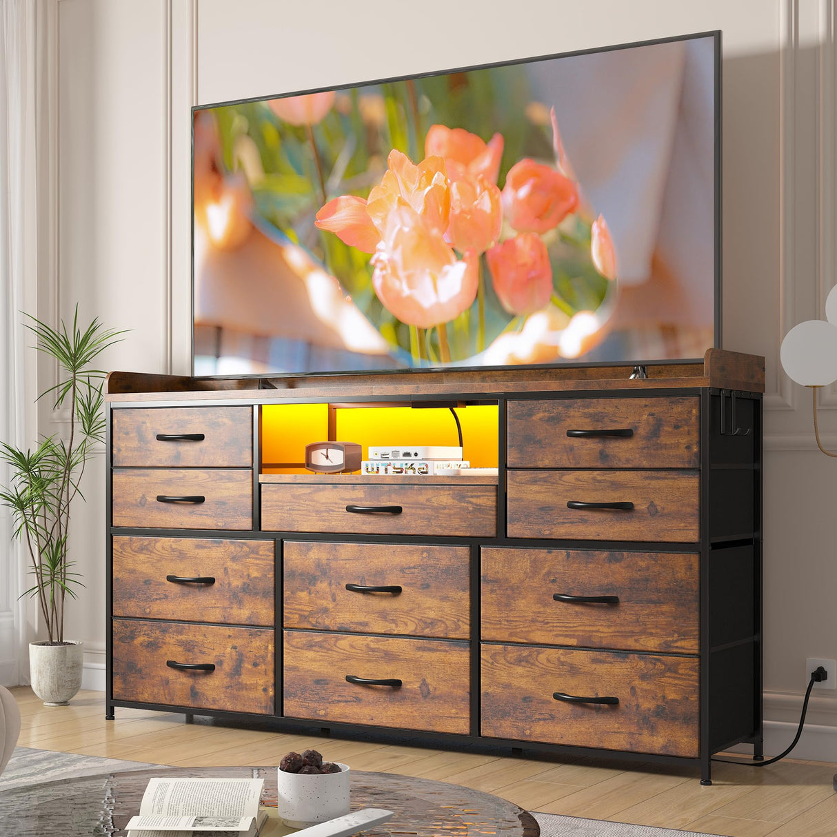 EnHomee Dresser for Bedroom with 11 Drawers for 60" TV Stand for Bedroom with LED Lights & Charging Station Long Dresser with Shelves & 4 Hooks Sturdy Metal Frame & Fabric Drawers (Rustic Brown) EnHomee