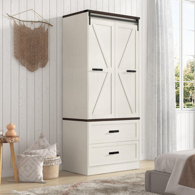 73" Tall Farmhouse 2 Doors Armoire Wardrobe Closet w/ Sliding Folding Door,2 Drawers,Closet Wardrobe Cabinet w/ LED Light,Hanging Rod for Bedroom,Wooden Wardrobe Armoire Cabinet,Rustic Brown