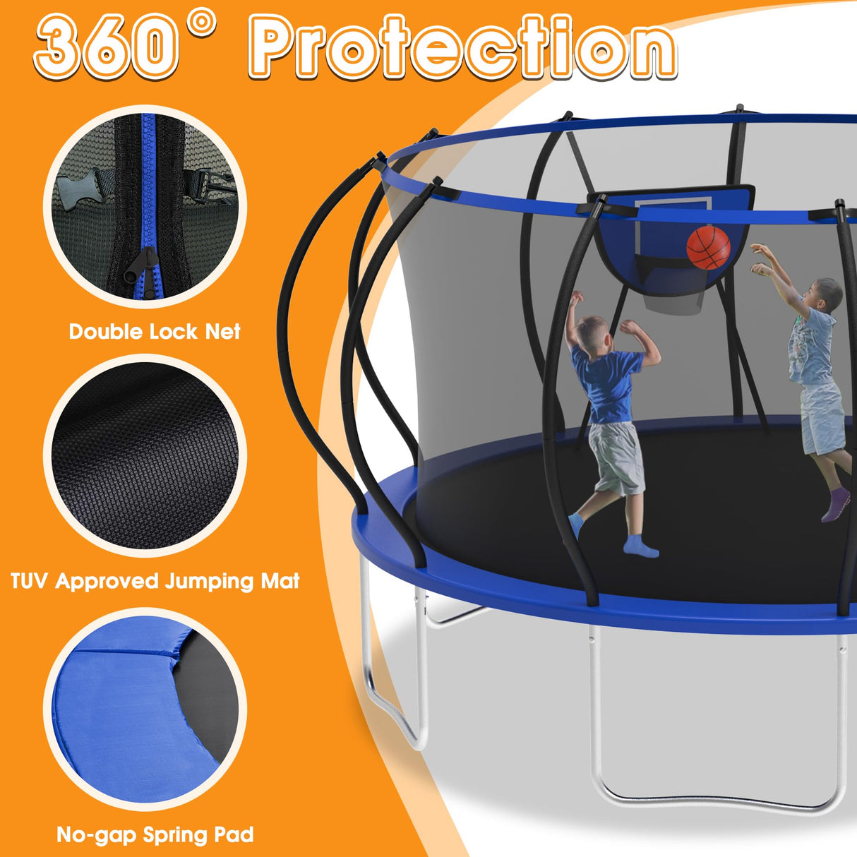 KOFUN 1500LBS 10 12 14 16 FT Tranpoline for Kids and Adults,【Curved Poles Larger Room】 Tranpolines Outdoor with Net, Ladder, Basketball Hoop, ASTM Approval- Easy to Assemble Recreational Tranpoline KOFUN