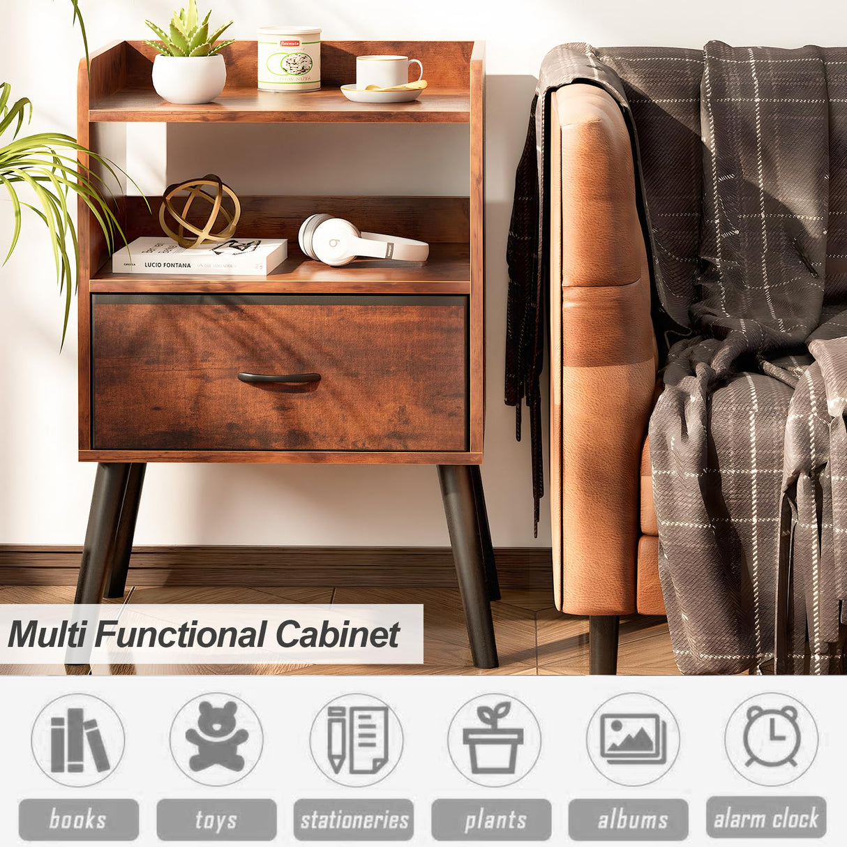 Huhote NightStand with Open Shelf,Night Stand with Drawer Storage Side Table End Table,Bedside Table with Solid Wood Feet,Mid Century Night Stands for Bedroom Sofa Couch Small Spaces(Brown) Huhote