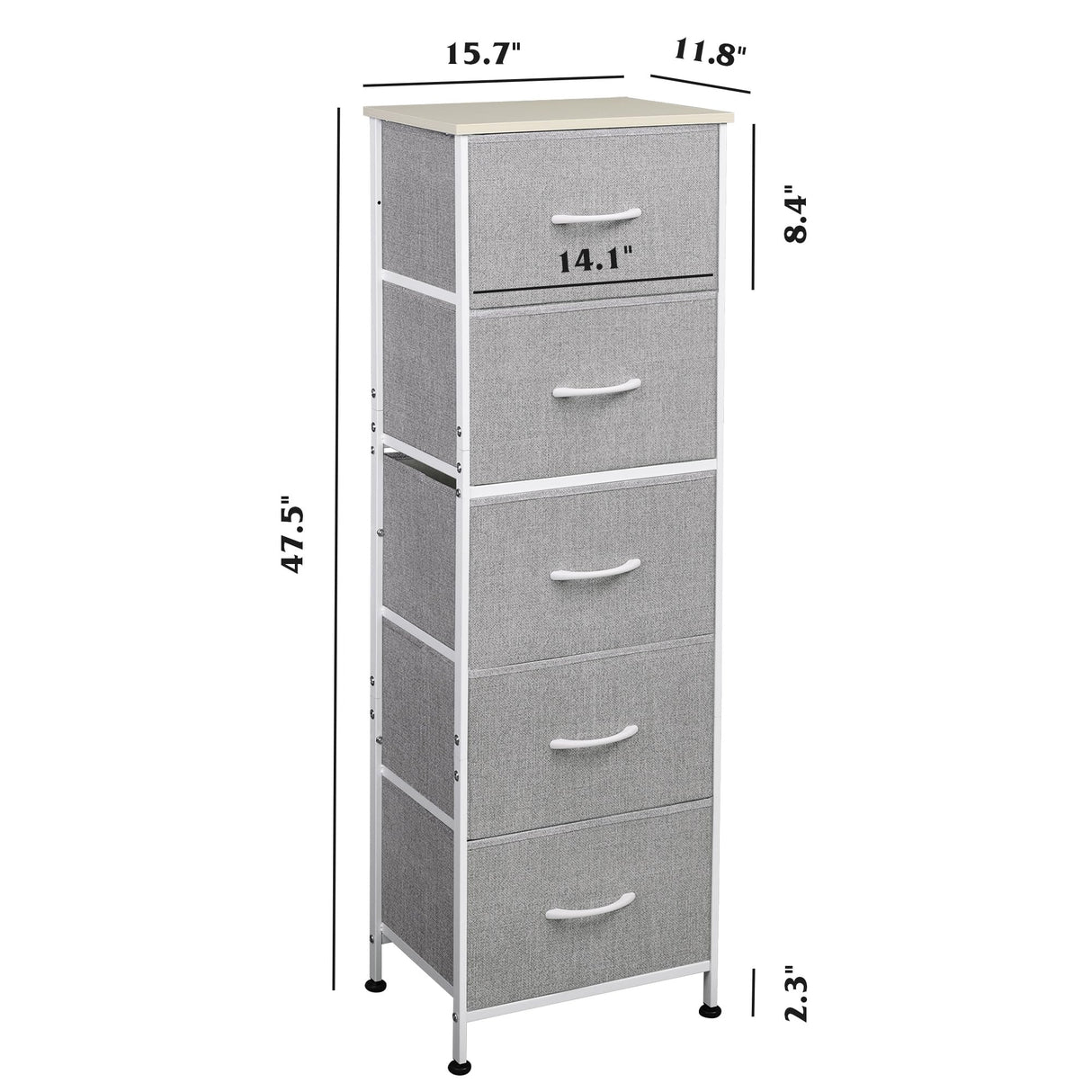 WLIVE Fabric Dresser, 5-Drawer Tall Dressers for Bedroom, Storage Dresser Organizer with Fabric Bins, Wood Top, Sturdy Steel Frame, Chest of Drawers for Closet, Hallway, Light Grey WLIVE