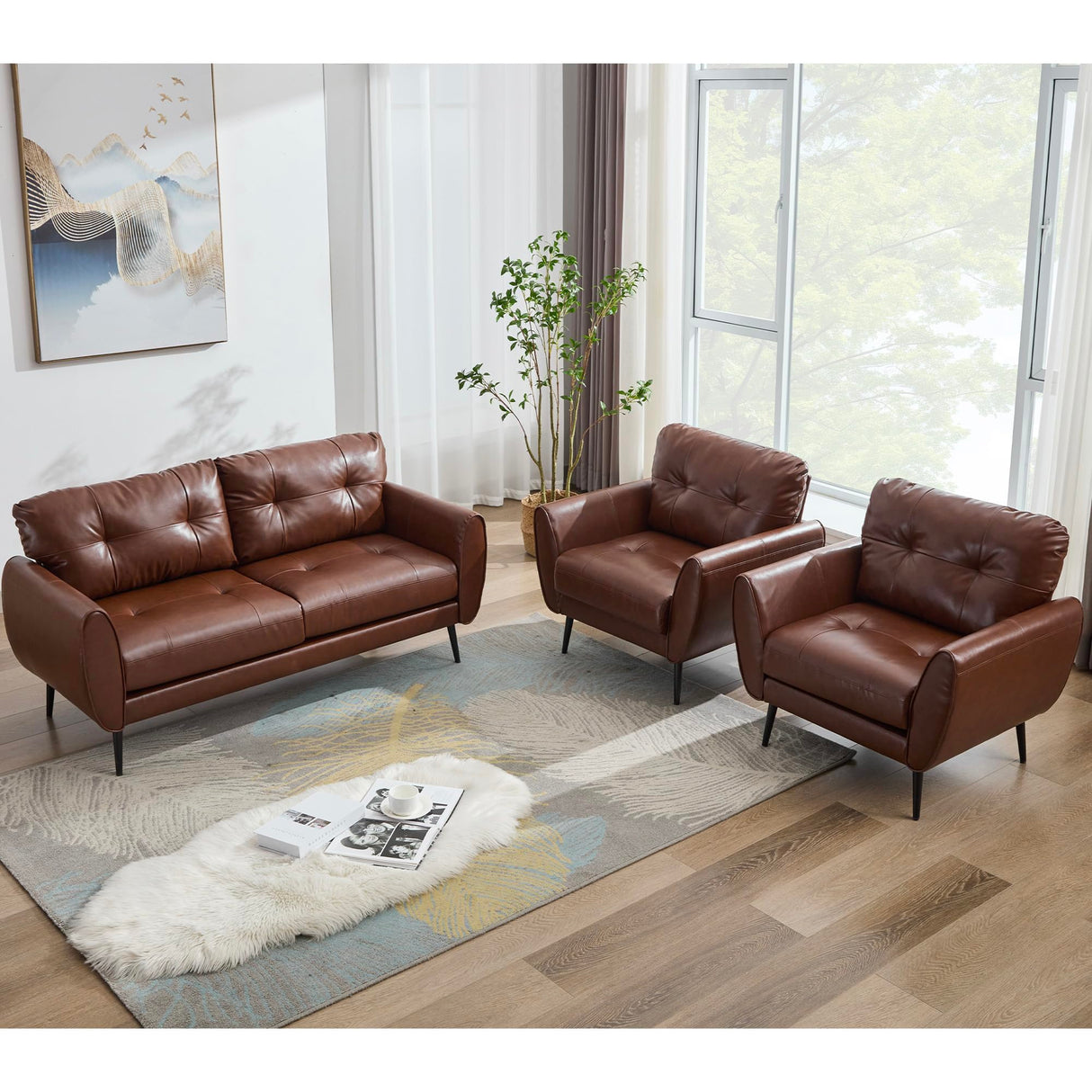 TYBOATLE Sofa Couch 61" Small Loveseat Couches for Living Room Leather Couch Mid Century Modern Tufted Mini Sofa Comfy Office 2 Seat Settee Love Seat Loveseat for Small Spaces Bedroom (3, Brown) TYBOATLE