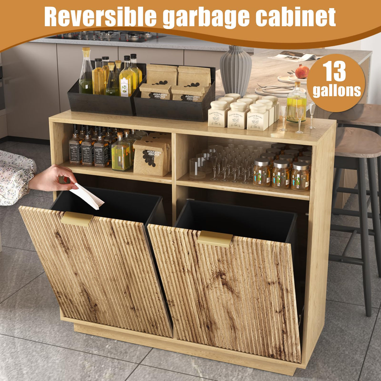 HSSZXFR 13 Gallon Trash Can Cabinet Wooden Fluted Furniture, Double Garbage Cabinet for Kitchens, Tilt Out Trash and Recycle Can Cabinet Combo Free Standing (Light Wood) HSSZXFR