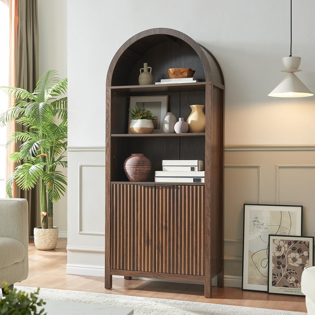 WINWY Arched Cabinet Bookshelf Bookcase - 71” Tall Mid Century Arched Display Cabinets, Rounded Bookshelf with Fluted Doors, Open Shelf Storage Cabinet for Dining Room (Walnut) WINWY