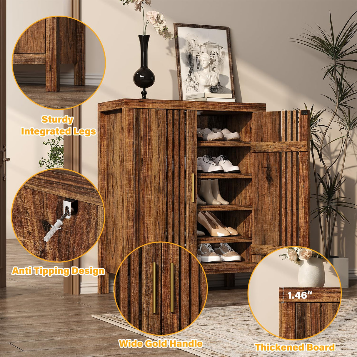 UNIQUITE Wooden Shoes Cabinet with Adjustable Shelves, Retro Freestanding Shoe Organizer Cabinet for Entryway Hallway Living Room, 5-Tier Shoe Cabinet with Doors for 20 Pairs, Dark Walnut UNIQUITE