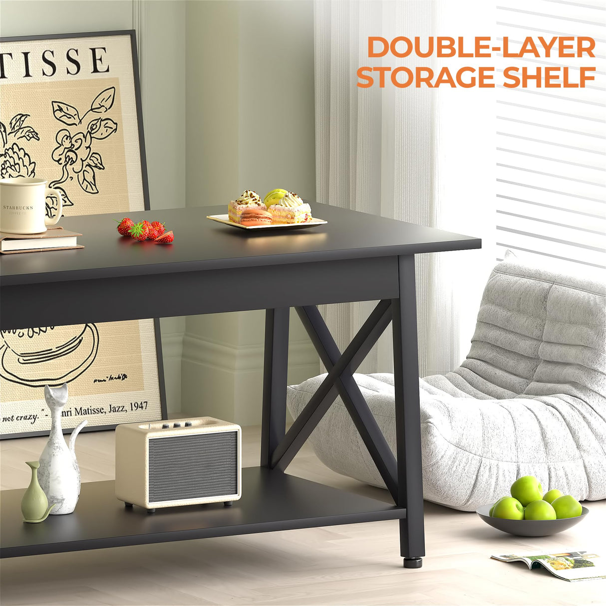 GreenForest Coffee Table with Storage, 39inch Modern Coffee Tables for Living Room, X-Frame Design Farmhouse Black Coffee Table Space Saving Living Room Tables, Easy Assembly, Black GreenForest