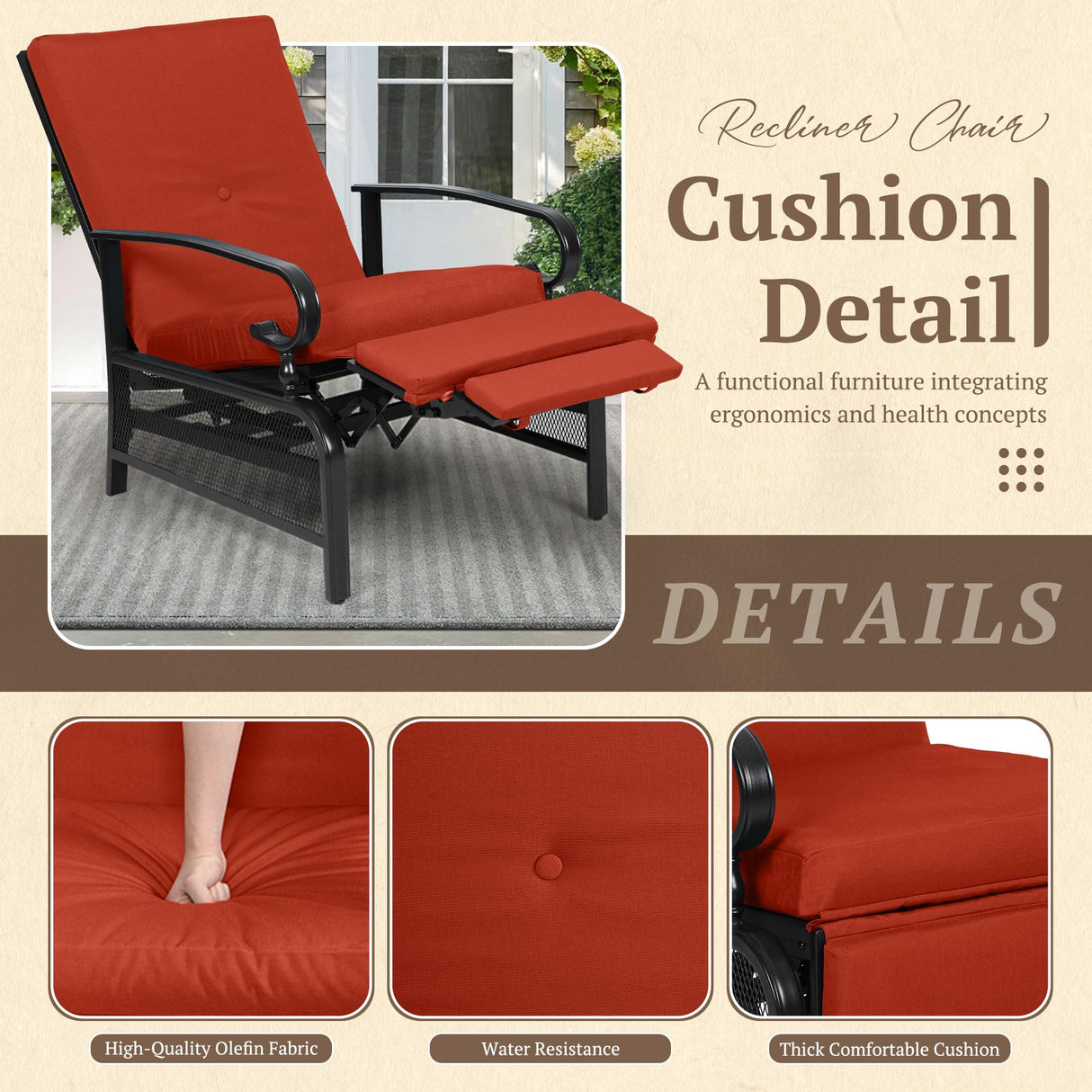 Oakcloud Adjustable Outdoor Lounge Chair Metal Patio Relaxing Recliner Chair with Removable Cushions(Red) Oakcloud