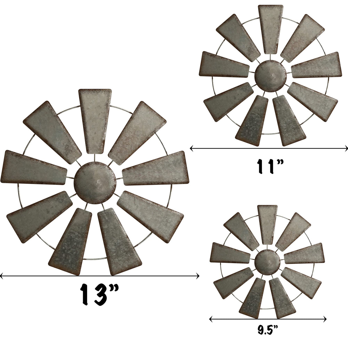 COLLECTIVE HOME - 3 Pcs Metal Windmill, Galvanized Hanging Wall Decor, Farmhouse Wall Sculpture, 3D 13/11/9.5 Inch Wall Art for Office Living Room Bedroom (Windmill) COLLECTIVE HOME