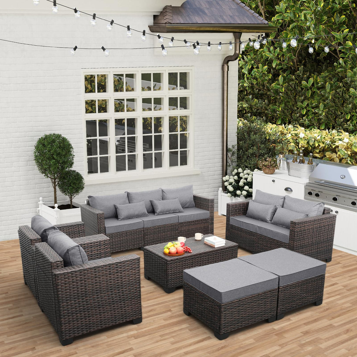 Valita 7 Pieces Patio Furniture Set,9-Seats Outdoor Wicker Sectional Sofa Brown Rattan Modular Patio Conversation Chair Set with Storage Table,Washable Cushions(Grey) Valita