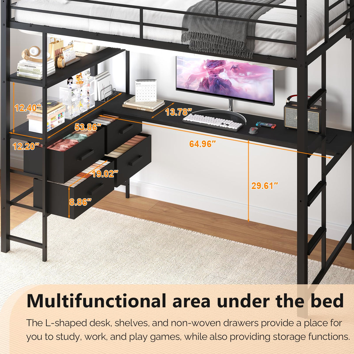 VINGLI Full Metal Loft Bed Frame with L-Shaped Desk, 15 Inches Guardrail, Non-Slip Ladder, 2 Charging Stations, Storage Shelves/4 Drawers/LED Lights, for Kids Teens Adults, No Box Spring Needed, Black VINGLI