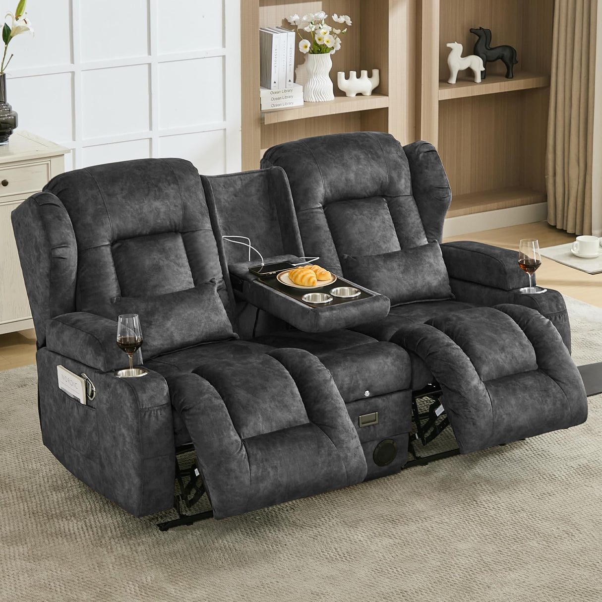 URRED Loveseat Rocker Recliner Sofa with Console, Manual Reclining Loveseat RV Couch Double Rocking Chair Nursery with Cup Holders, Side Pocket, Bluetooth Speaker, USB, Outlets (Grey) URRED