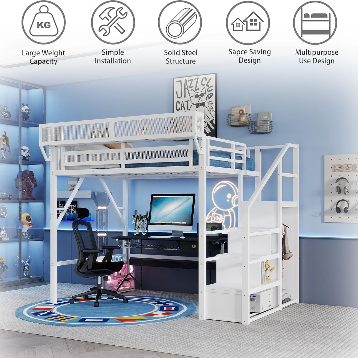 Mirightone Full Size Loft Bed with Stairs, Metal Loft Beds, High Loft Bed Frame with Storage Shelves, Lofted Full Bed with Wardrobe for Kids and Teens, No Box Spring Needed (White) Mirightone