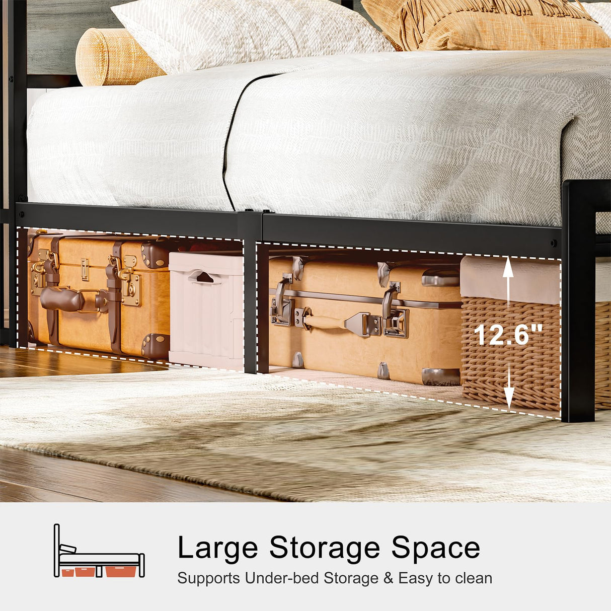 HAUSOURCE Full Bed Frame with Storage Headboard Metal Platform Bed with LED Lights, USB Ports Outlets, Non-Slip, Noise-Free, Strong Metal Slats Support No Box Spring Needed HAUSOURCE