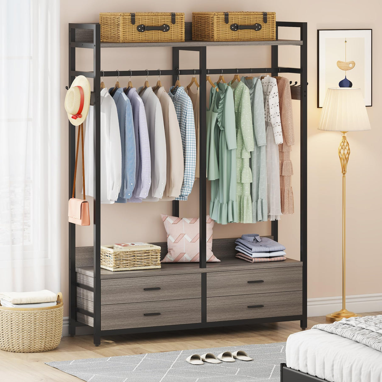 Tribesigns Freestanding Closet Organizer for Hanging Clothes, Heavy Duty Garment Rack with 4 Drawers, 8 Hooks and Storage Shelves, Wardrobe Closet Clothing Rack for Bedroom, Living Room, Grey Tribesigns