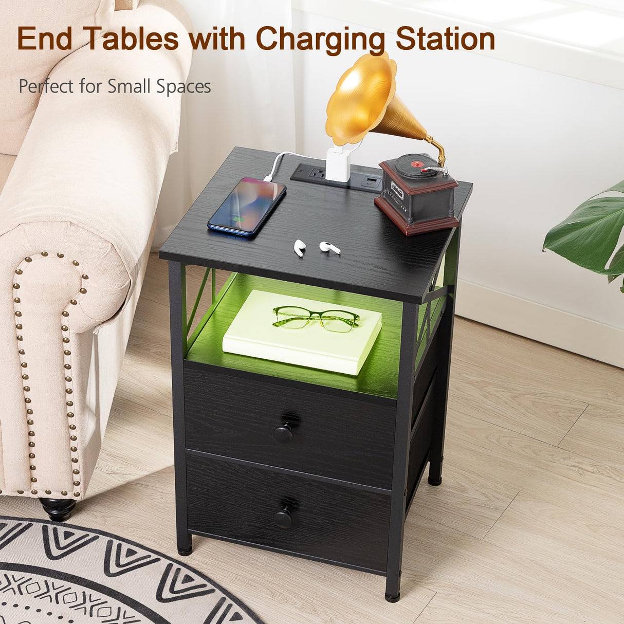 AMHANCIBLE Night Stand Set 2, LED Nightstands for Bedroom Set of 2 with Charging Station, End Table with USB Port and Outlet, Side Table with 2 Storage Drawers for Living Room, Black, HET052LBK AMHANCIBLE