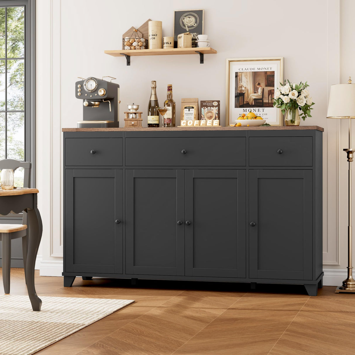 HIFIT 55" Large Kitchen Buffet Cabinet with Storage Drawers, Farmhouse Sideboard Buffet Table Storage Cabinet with Doors and Shelves, Wood Coffee Bar Cabinet for Kitchen Dining Living Room, Black HIFIT