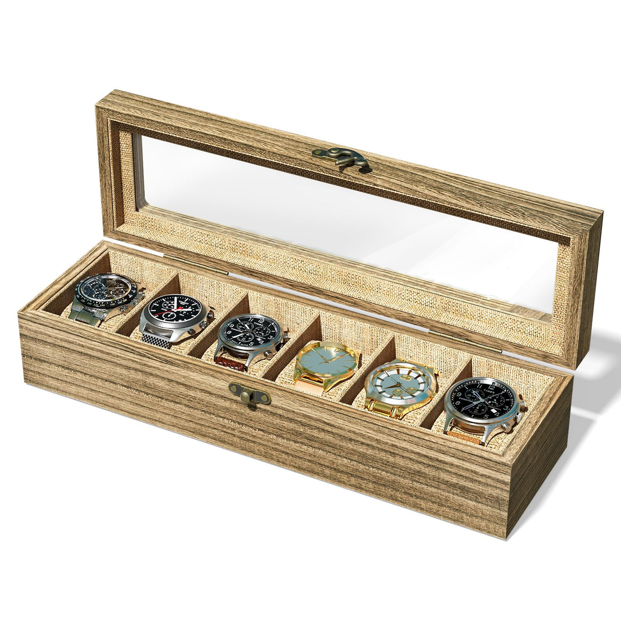 SRIWATANA Watch Box Case Organizer Display for Men Women, 6 Slot Wood Box with Glass Top, Gift for Loved Ones, Carbonized Black SRIWATANA