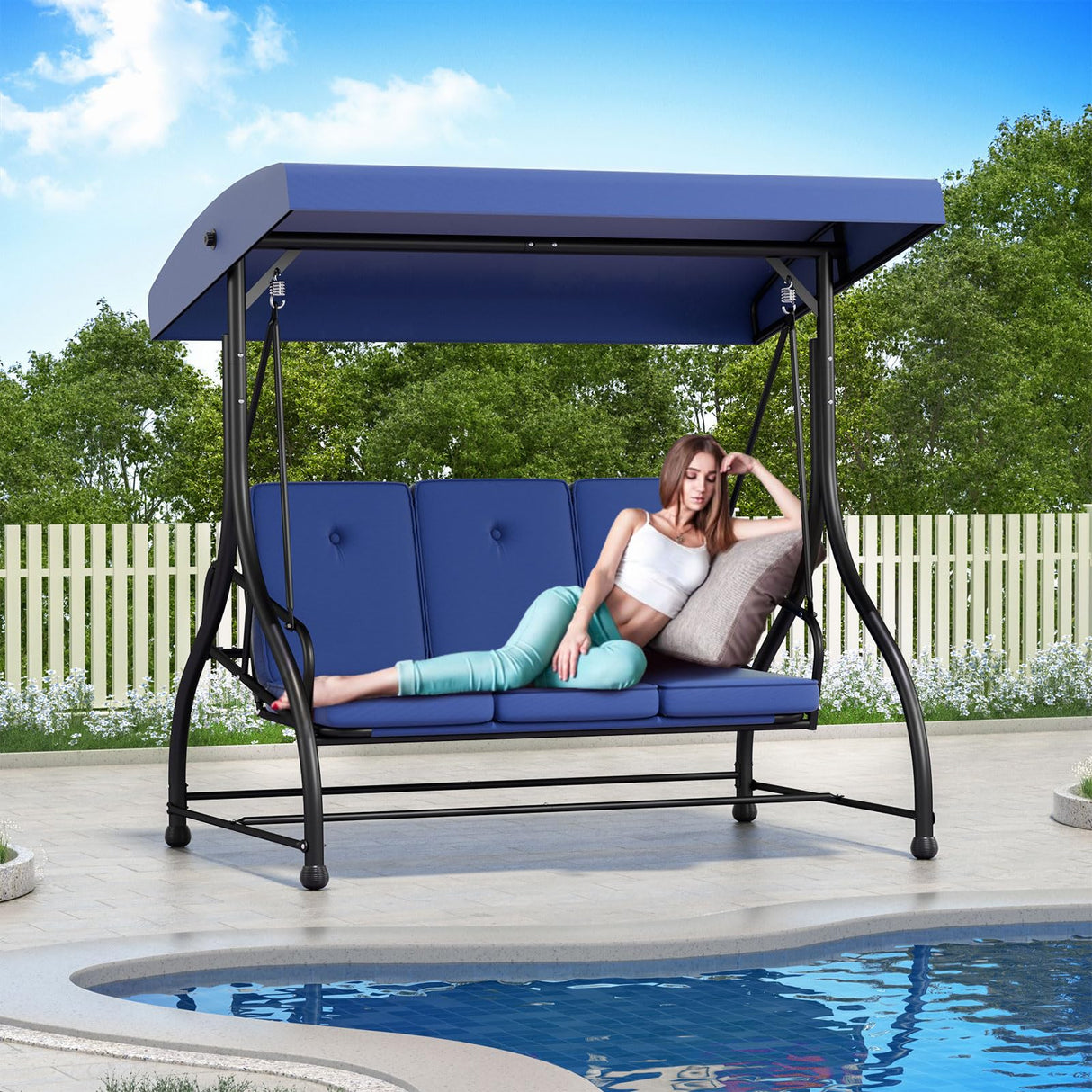 3-Seat Outdoor Patio Swing Chair with Adjustable Canopy Removable Cushion, Heavy Duty Porch Swing Glider for Patio, Backyard, Poolside, Balcony - Navy Blue FUNG YARD